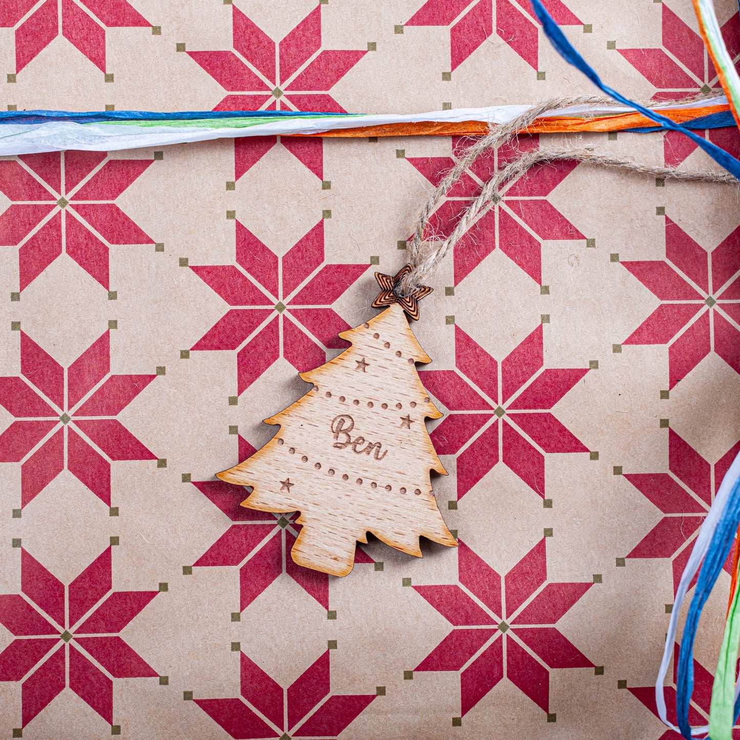 Engraved Christmas tree ornament tag for sustainable Christmas wrapping
