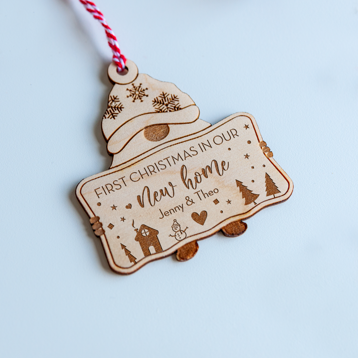 Personalised wooden gnome bauble for first Christmas in new home tree