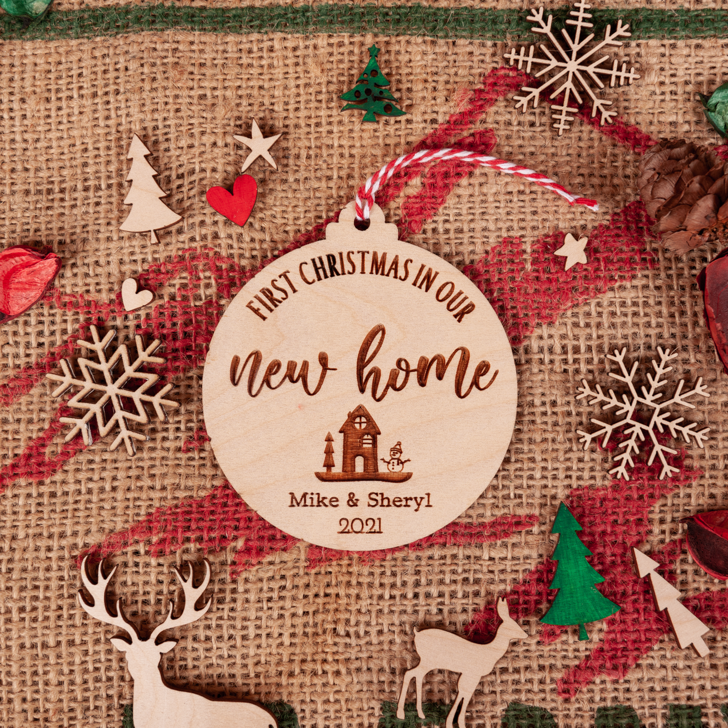 First Christmas in New Home Wooden Bauble – Personalised Engraved Ornament