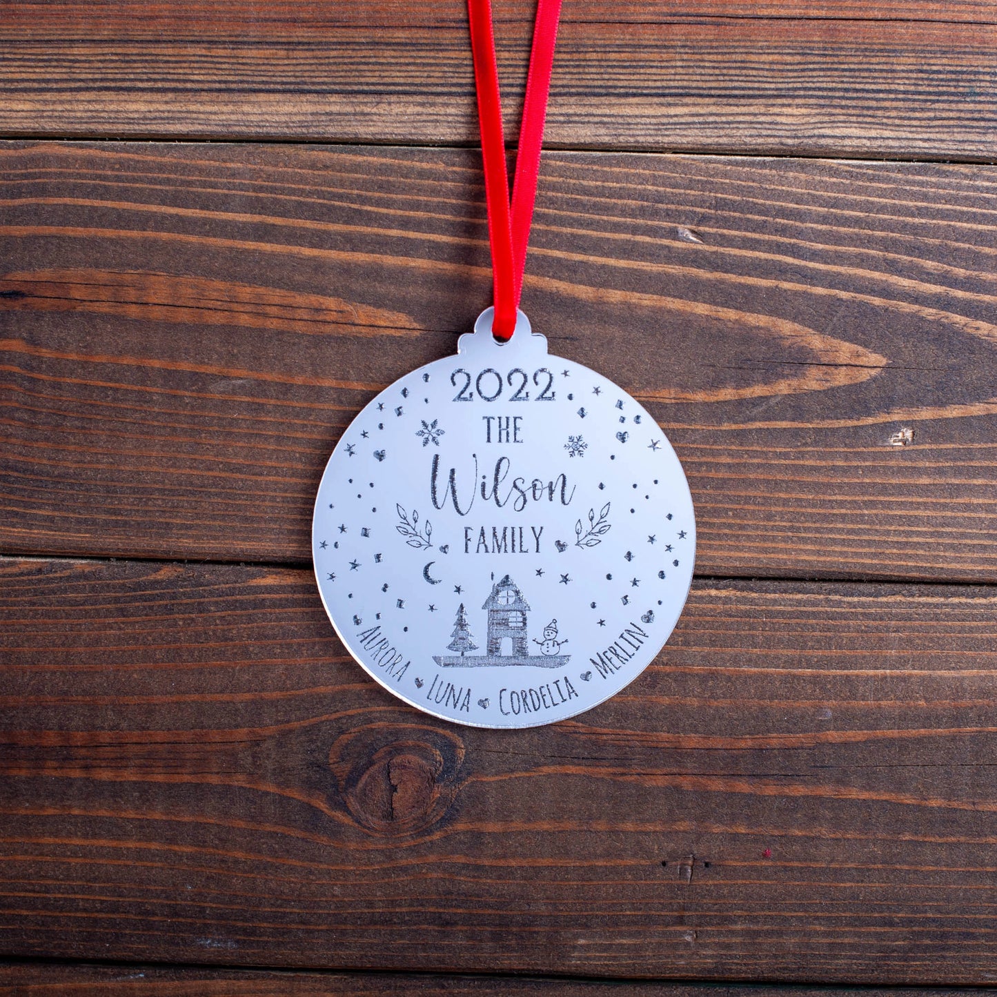Luxury silver Christmas decoration engraved with family name