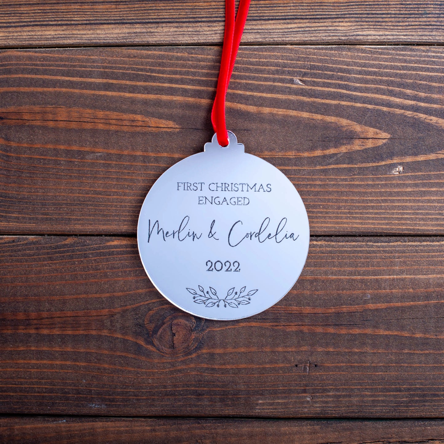 Silver mirror acrylic ornament engraved with engagement year and names