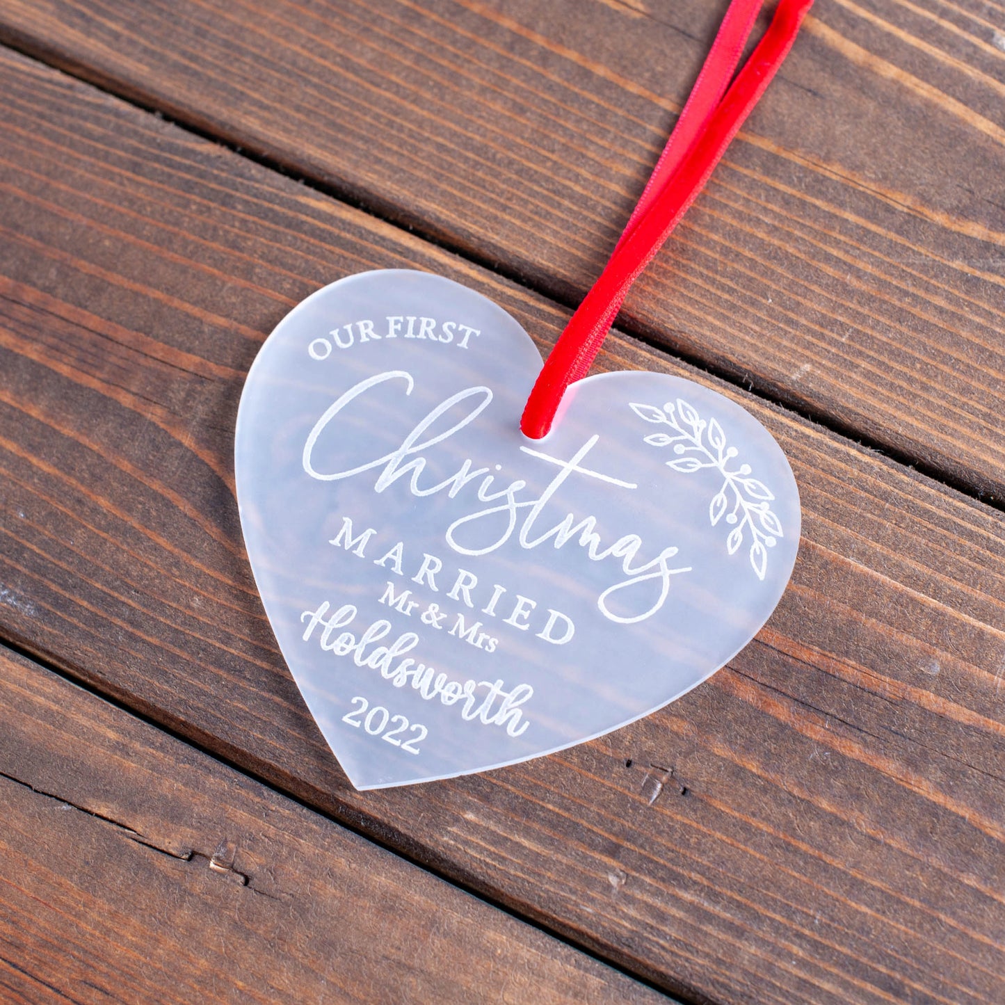 Laser engraved frosted acrylic heart bauble for married couple décor
