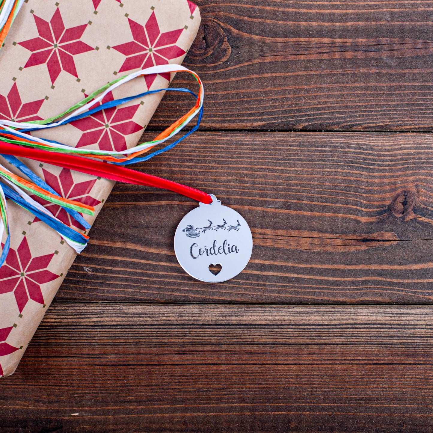 Engraved silver bauble Christmas tag with heart and Santa engraving