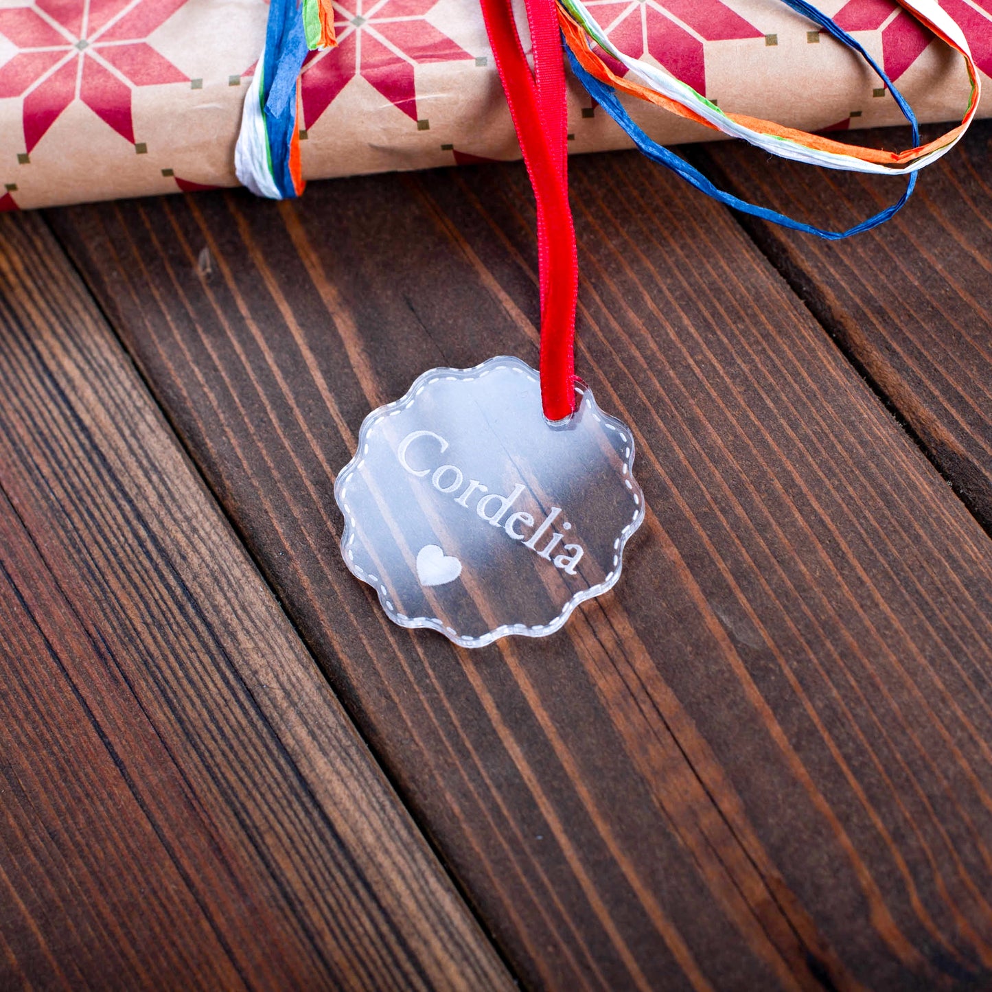 Elegant personalised acrylic gift tag for Christmas hamper or present