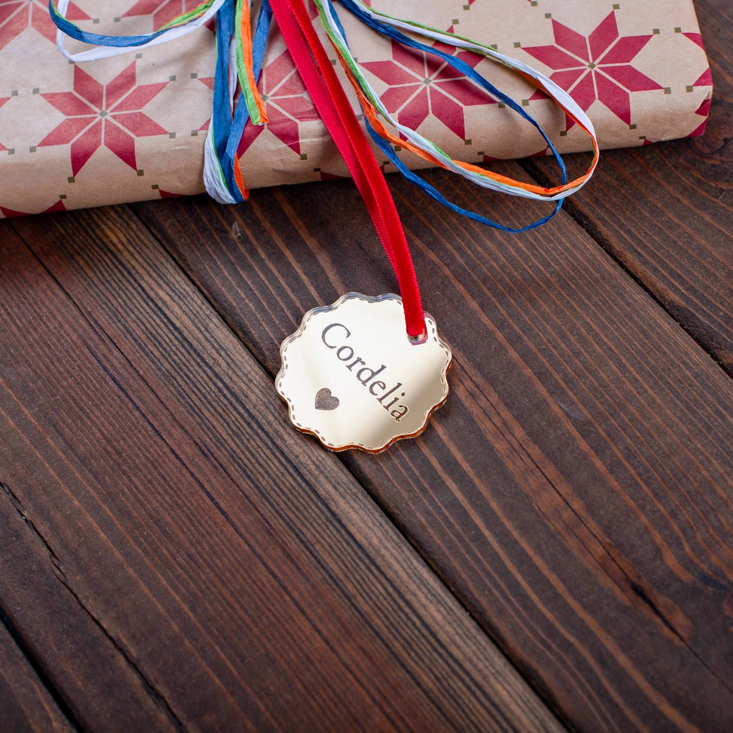Custom gold mirror bauble tag for festive hampers and stockings