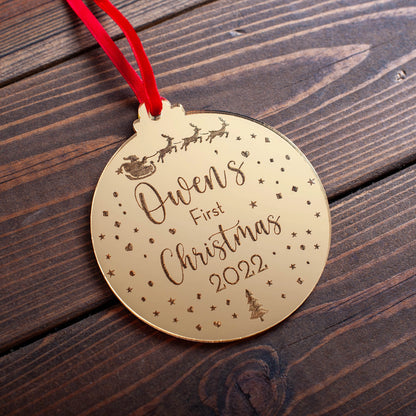 Santa and sleigh engraved baby keepsake bauble with ribbon