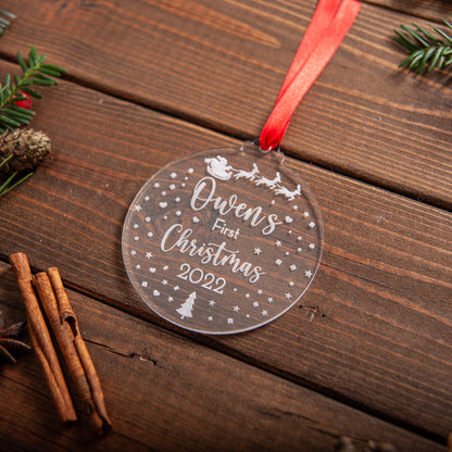 Personalised wooden ornament with engraved Santa and sleigh detail