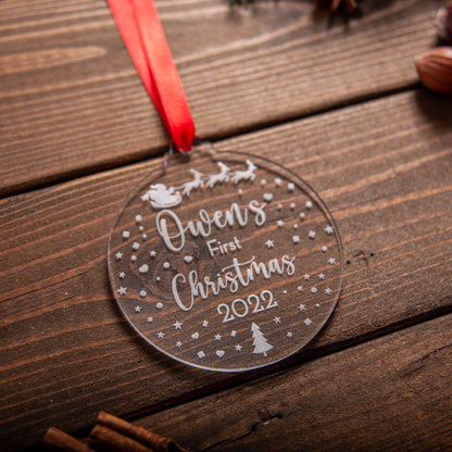 Engraved baby’s first Christmas bauble with Santa and reindeer sleigh