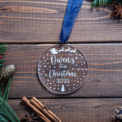 Personalised baby’s first Christmas ornament with engraved Santa and sleigh