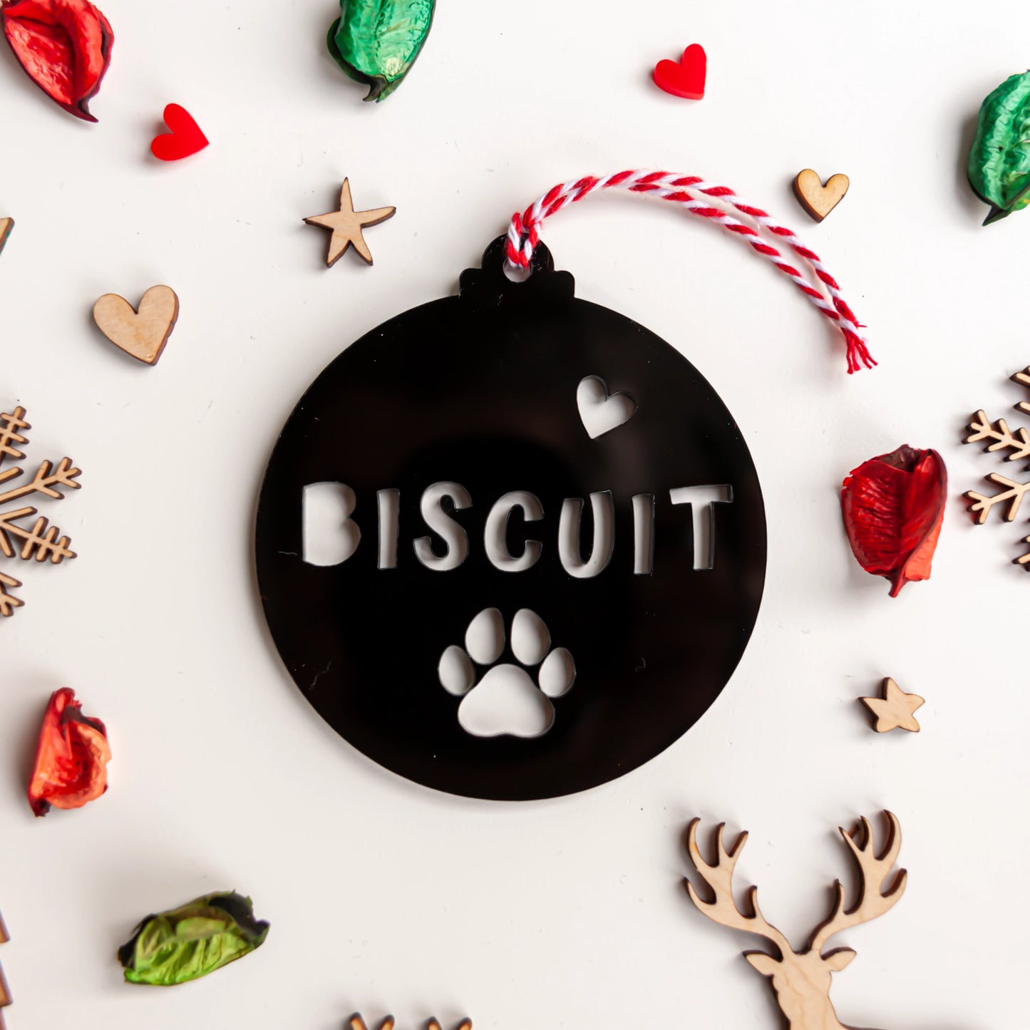 Personalised black acrylic paw ornament for dog or cat Christmas tree