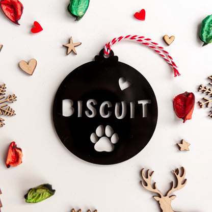 Personalised black acrylic paw ornament for dog or cat Christmas tree
