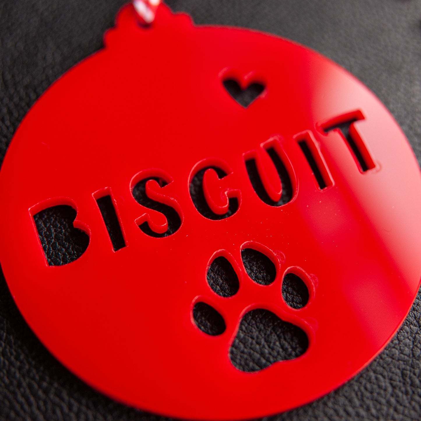 Custom pet name Christmas bauble in red acrylic