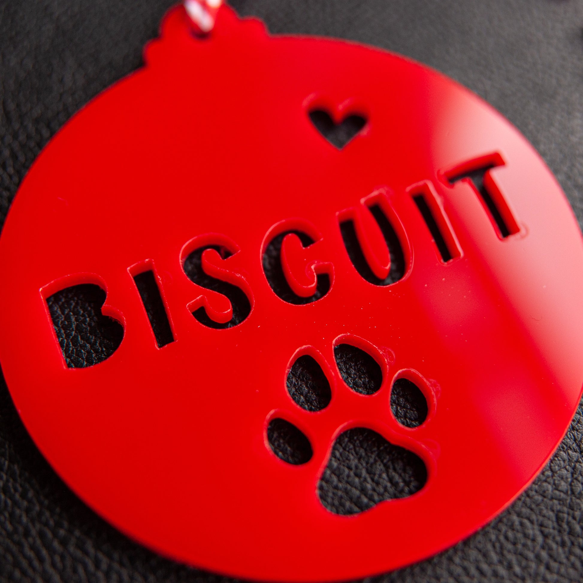 Custom pet name Christmas bauble in red acrylic