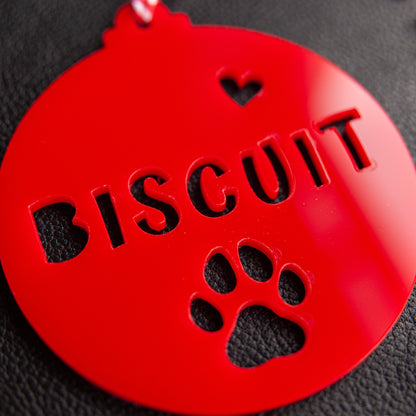 Custom pet name Christmas bauble in red acrylic