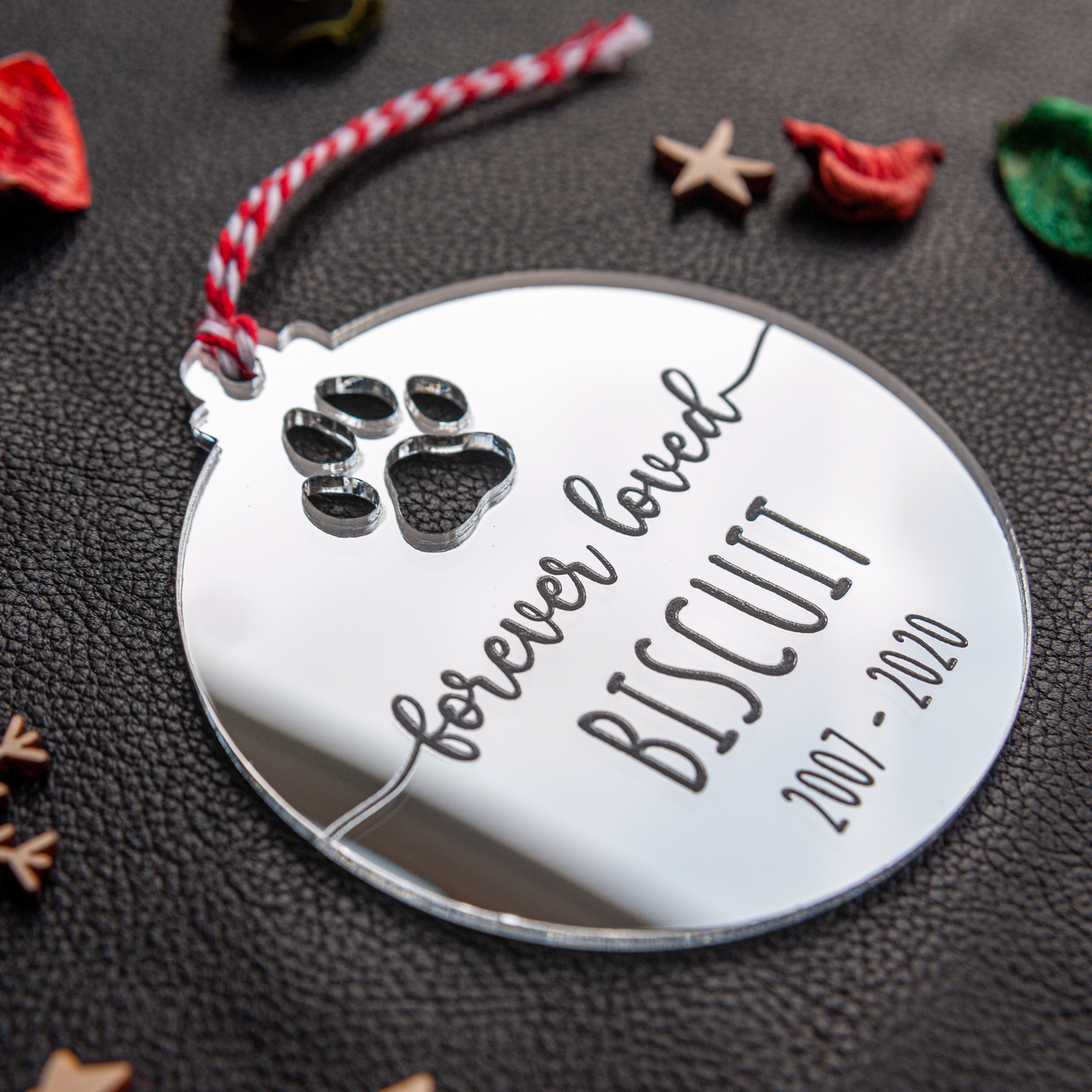 Custom engraved pet memorial bauble on silver mirror acrylic