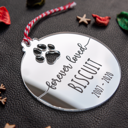 Custom engraved pet memorial bauble on silver mirror acrylic