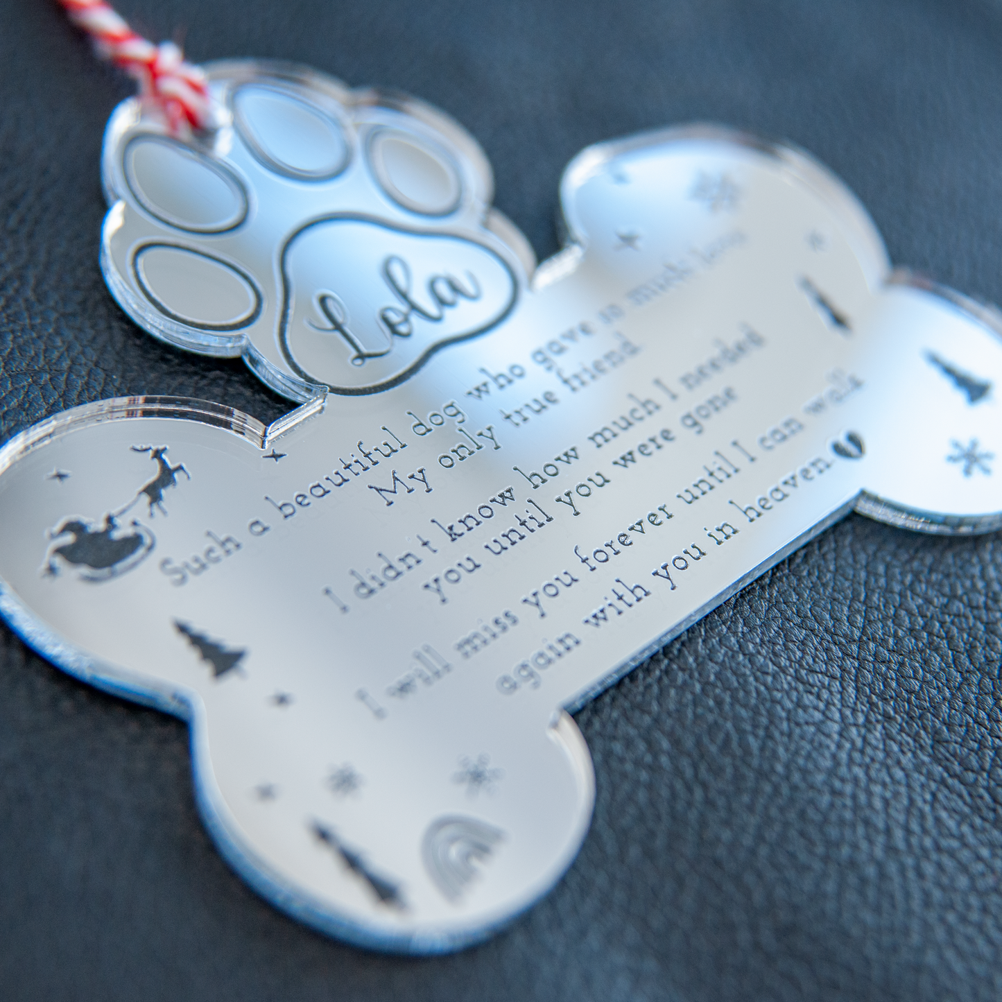 Silver mirror acrylic pet remembrance bauble reflecting tree lights