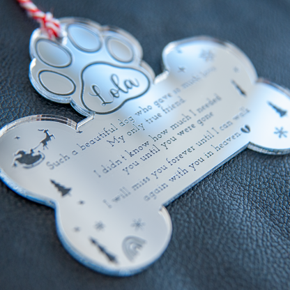 Silver mirror acrylic pet remembrance bauble reflecting tree lights