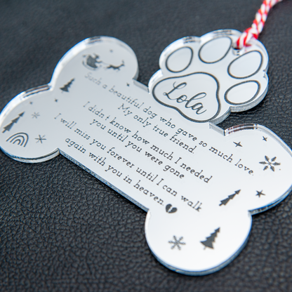 Custom pet loss Christmas decoration displayed ondark background