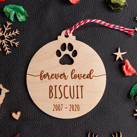 Personalised pet memorial bauble engraved on natural wood