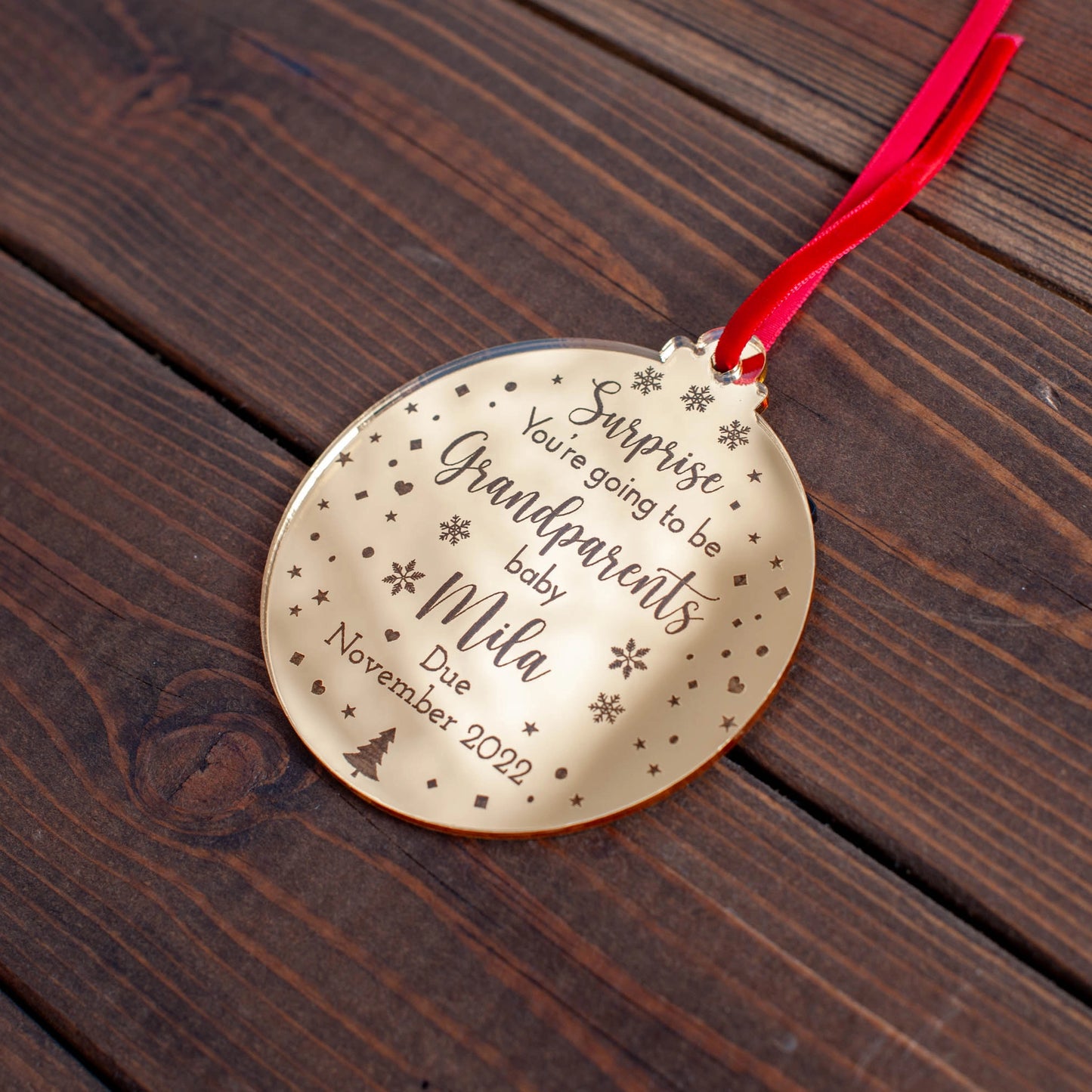 Gold mirror Christmas bauble gift for grandparents-to-be