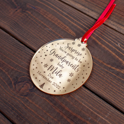 Gold mirror Christmas bauble gift for grandparents-to-be