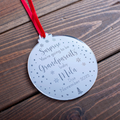 Personalised engraved ornament announcing pregnancy news