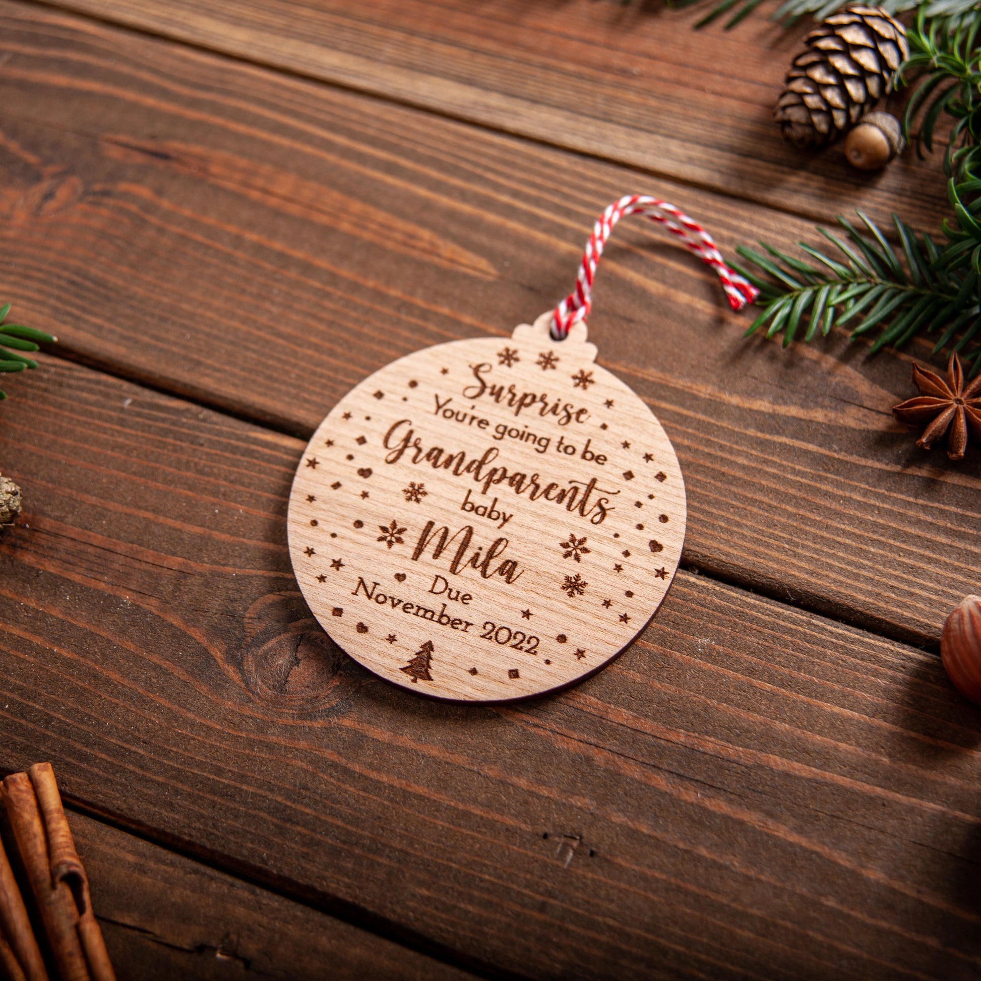 Wooden pregnancy announcement ornament With Baby name and Due Date