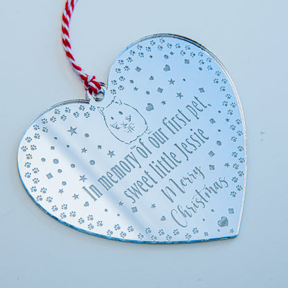 Personalised silver mirror heart-shaped pet memorial Christmas ornament