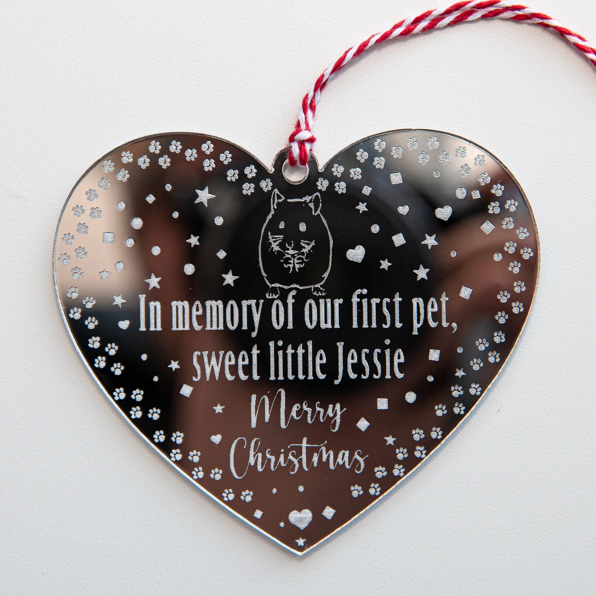 Heart-shaped pet remembrance bauble engraved with pet name and Hamster engraving