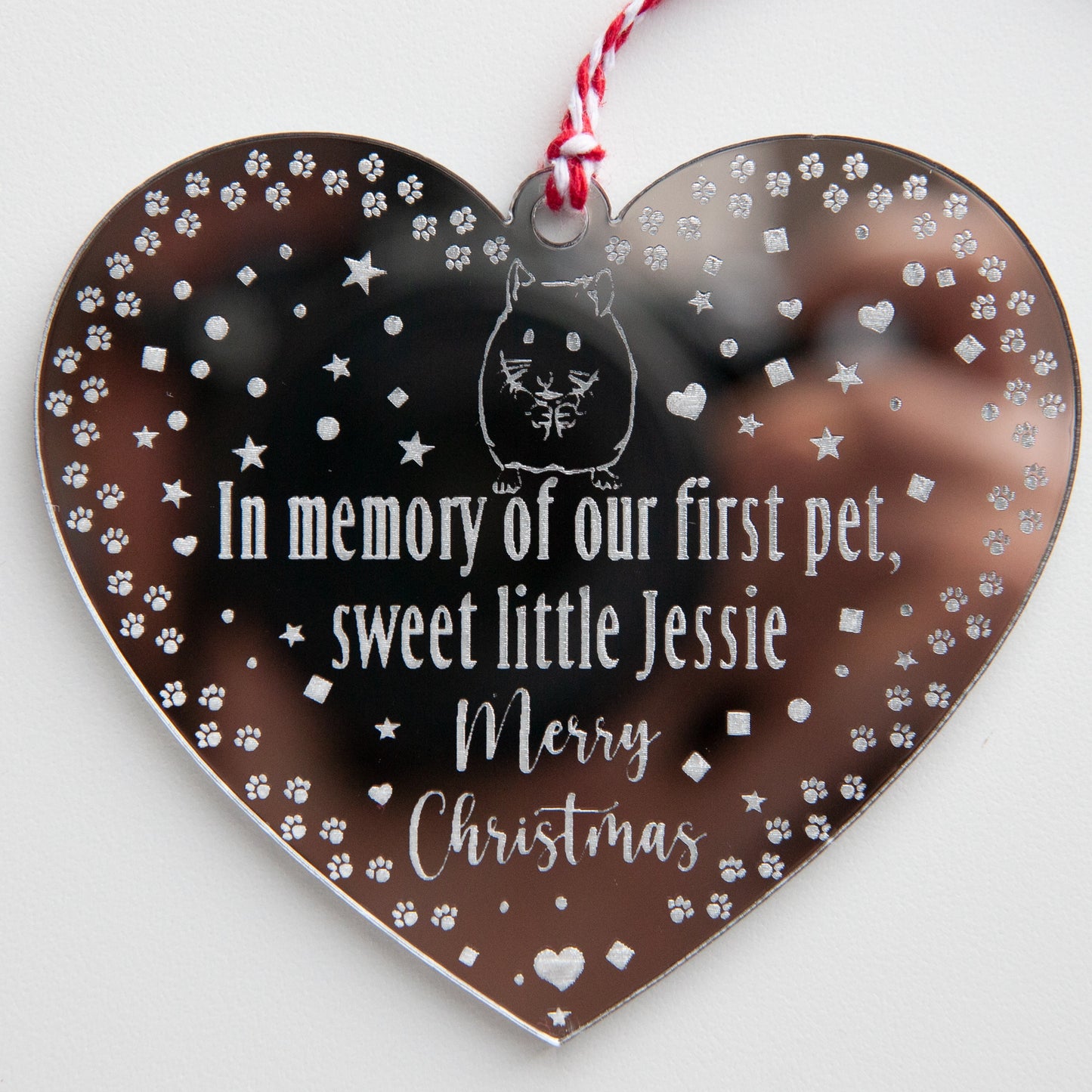 Engraved first pet remembrance bauble reflecting Christmas lights