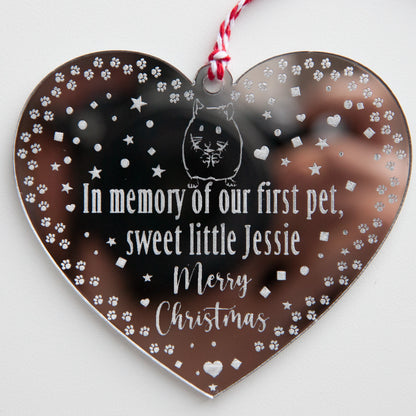 Engraved first pet remembrance bauble reflecting Christmas lights