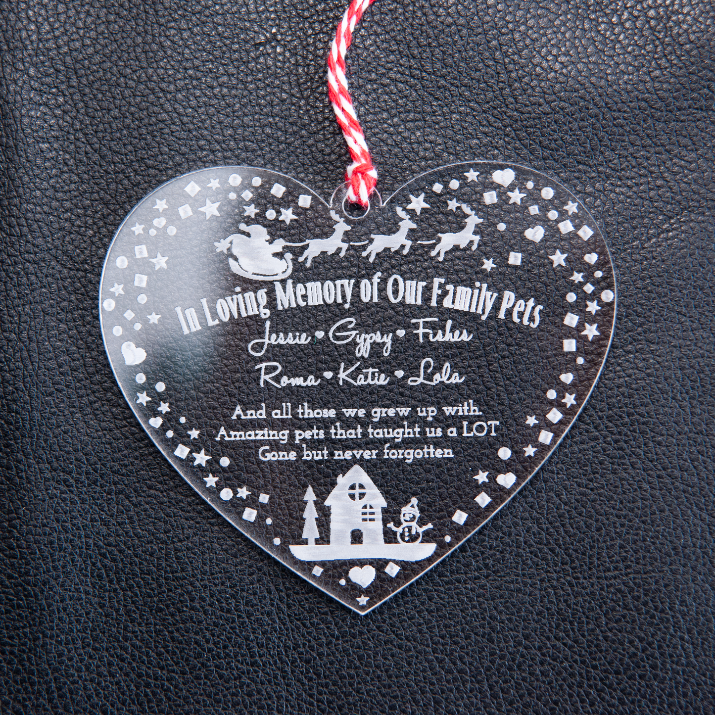 Heart-shaped pet remembrance bauble engraved with “In Loving Memory” and pet name