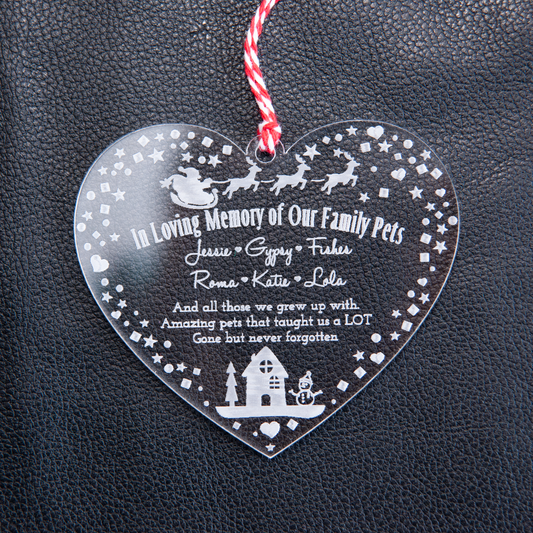 Heart-shaped pet remembrance bauble engraved with “In Loving Memory” and pet name
