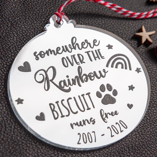 Silver mirror pet memorial ornament reflecting Christmas lights