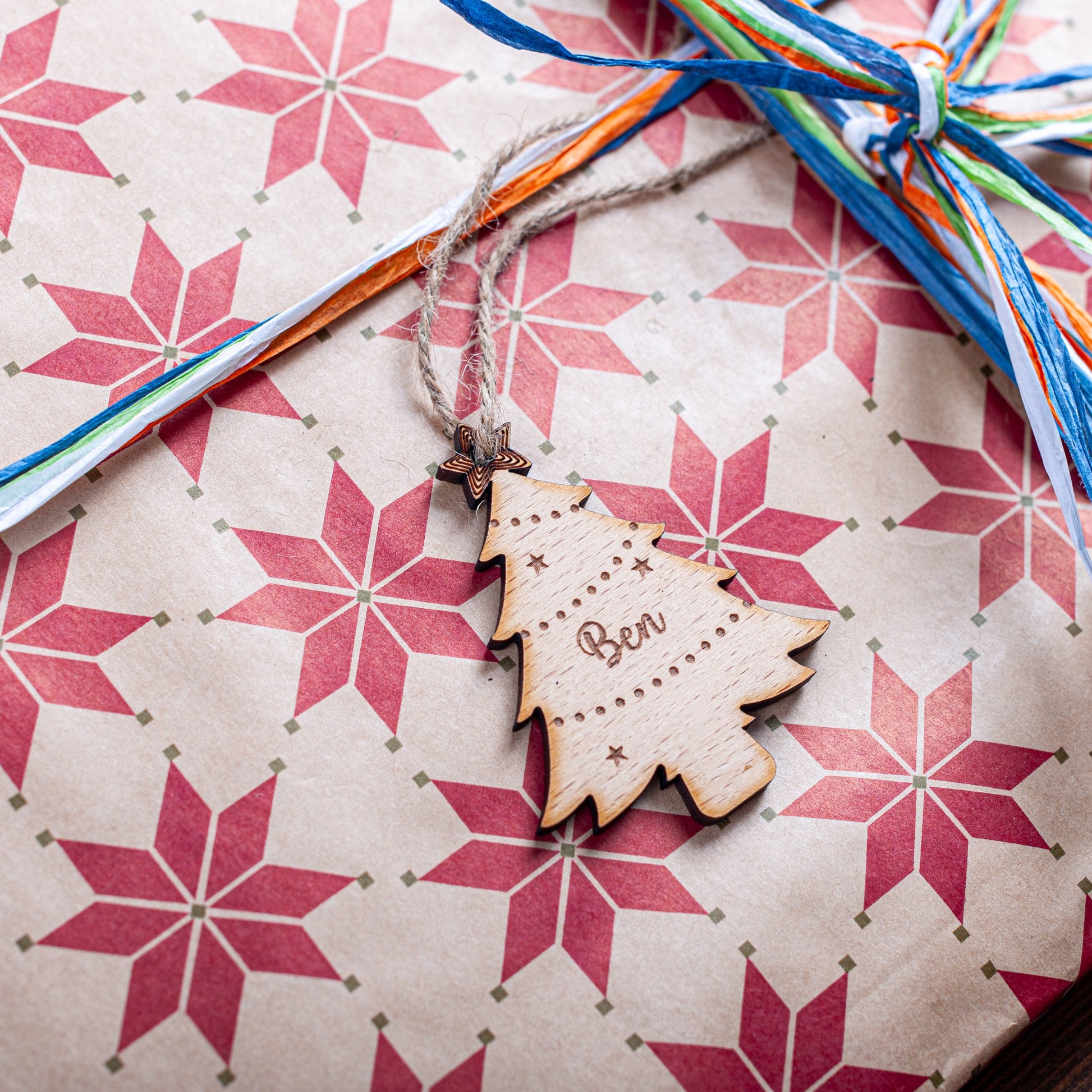 Wooden Christmas tree tag personalised for holiday gifts and décor