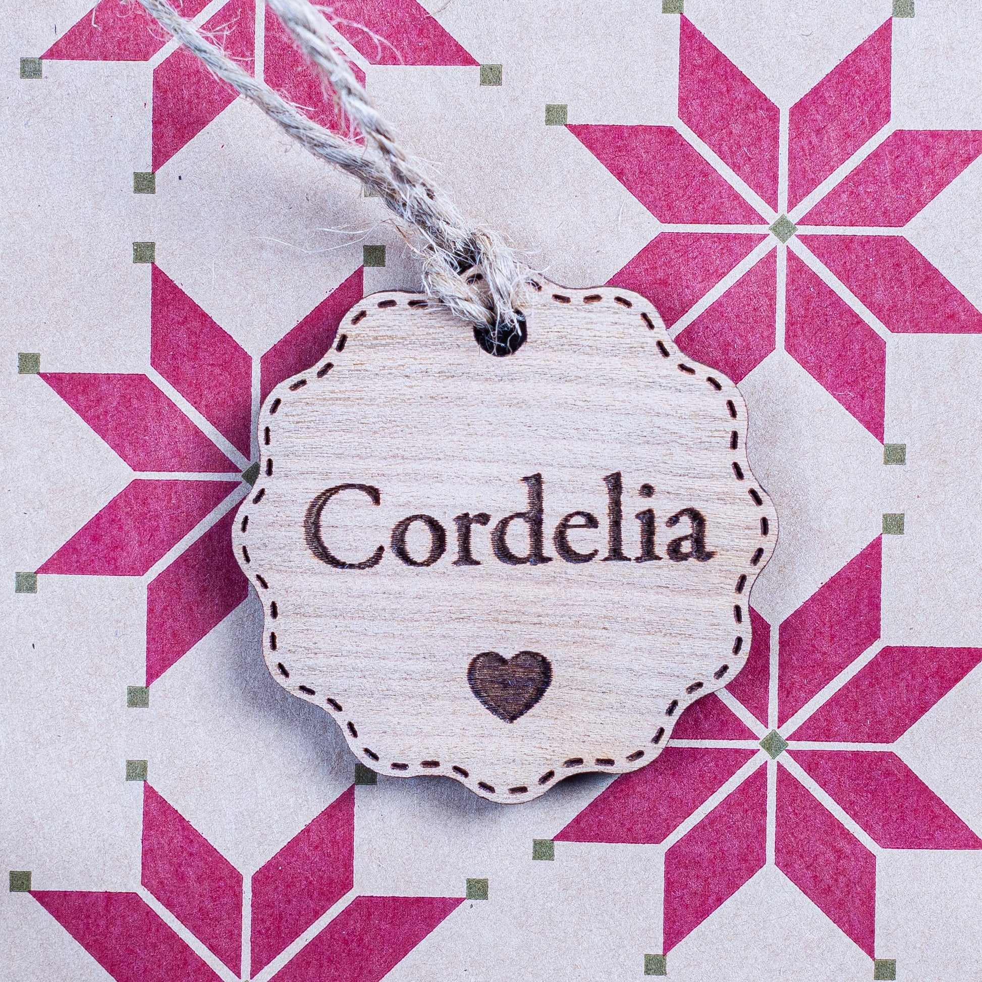 Personalised wooden Christmas bauble gift tag with heart engraving