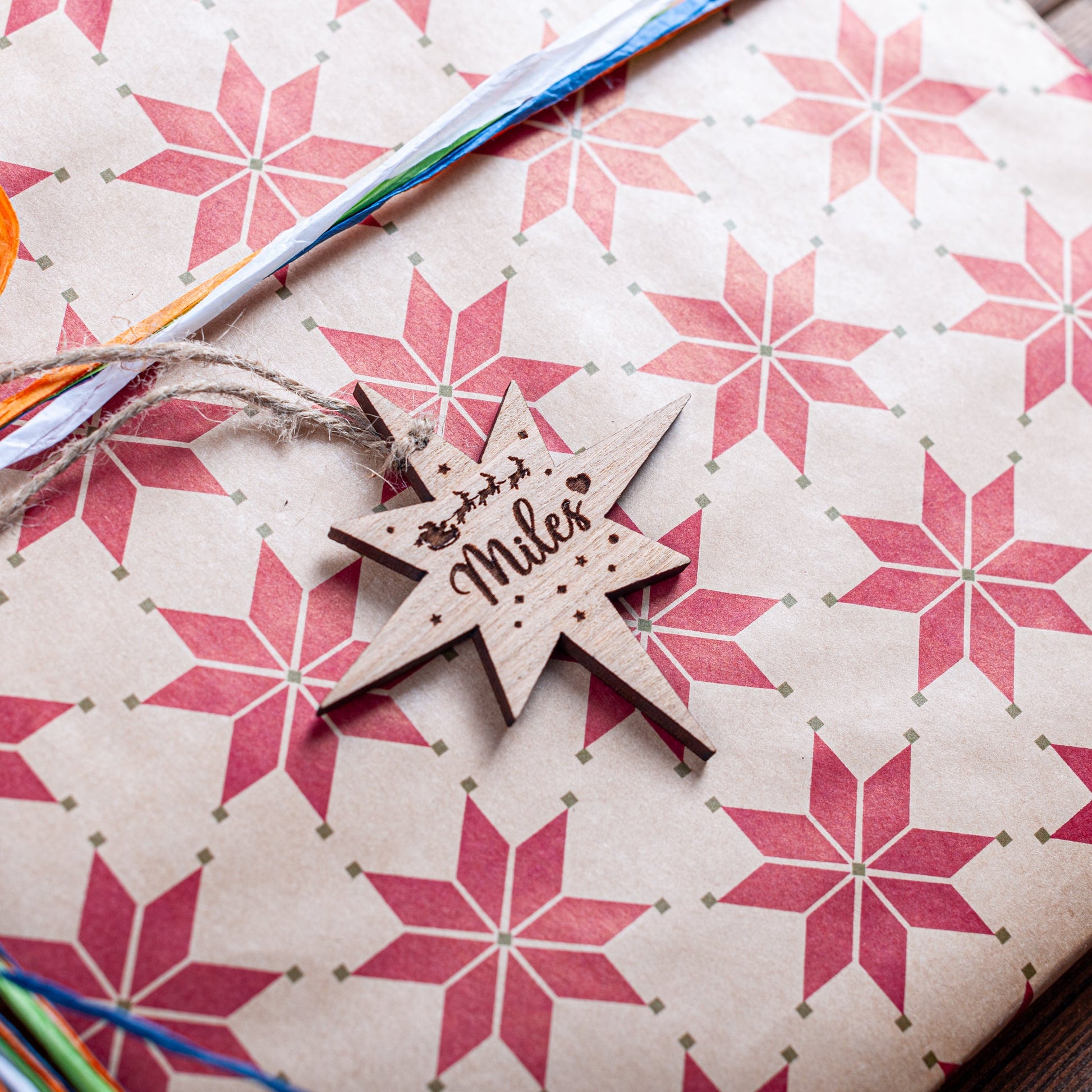 Laser cut wooden northern star stocking name tag for festive décor
