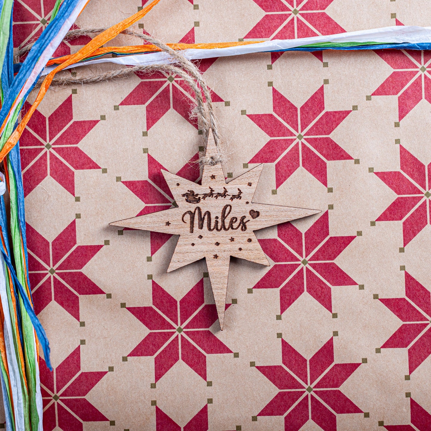Personalised northern star gift tag in wood for Christmas stockings and gifts