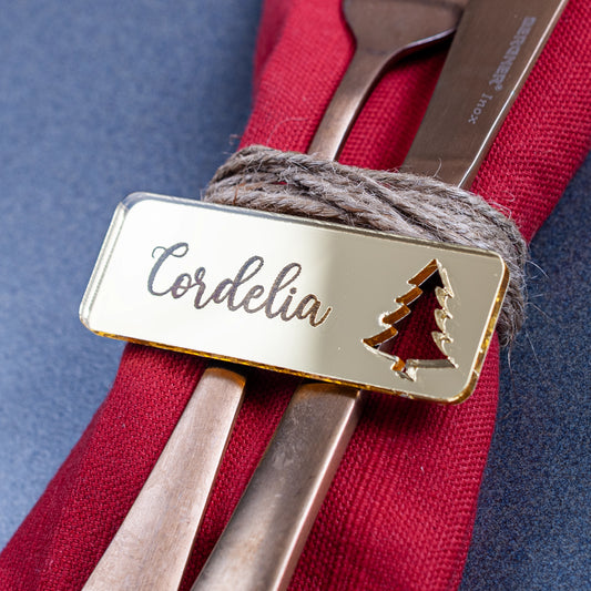 Personalised rectangle Christmas place setting with festive Christmas tree cutout in gold mirror finish