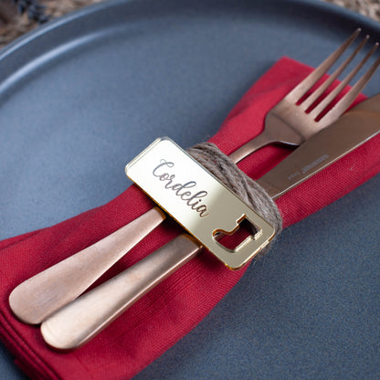 Custom laser cut Christmas place setting with intricate stocking cutout in gold acrylic