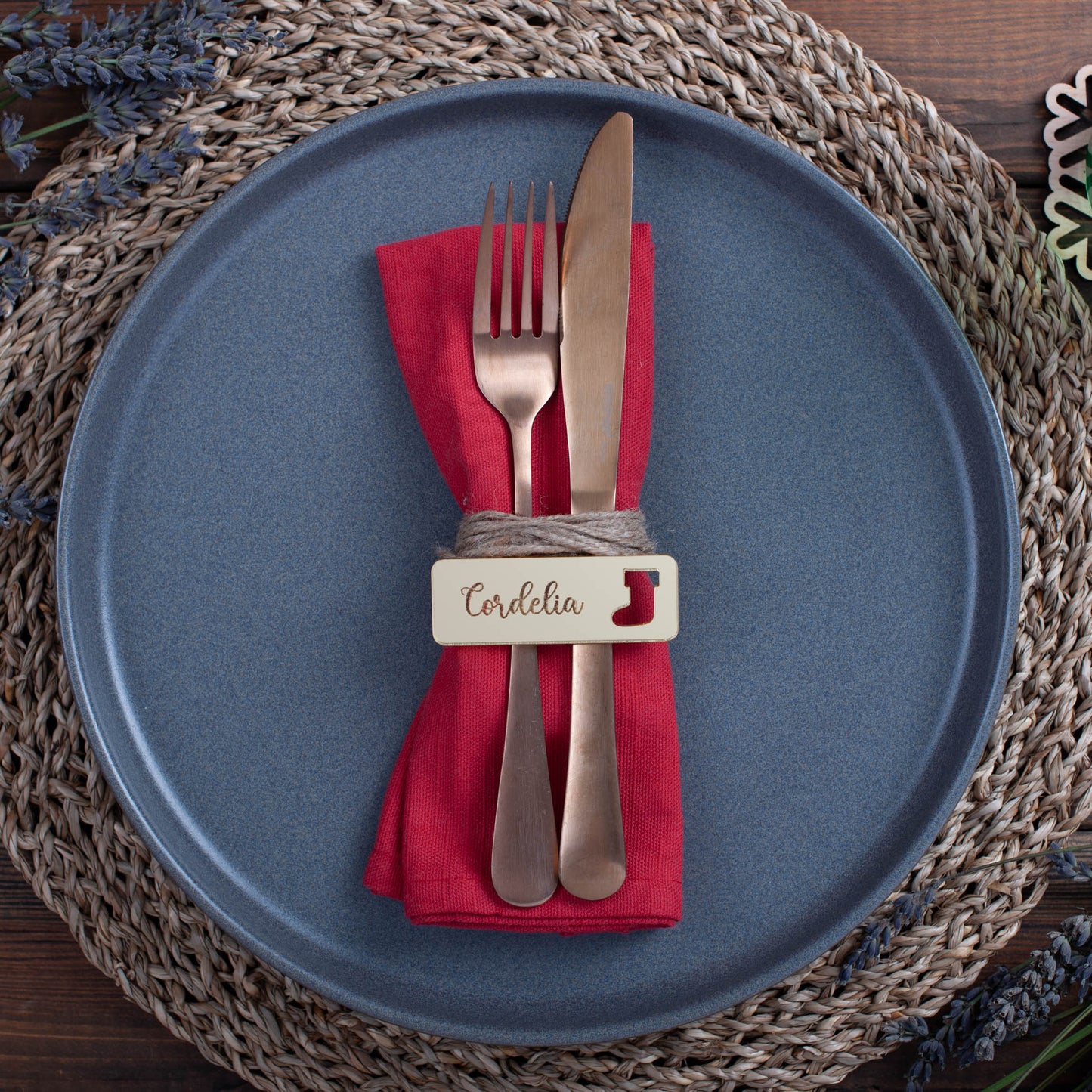 Luxury mirrored acrylic place setting with stocking sock cutout in gold acrylic