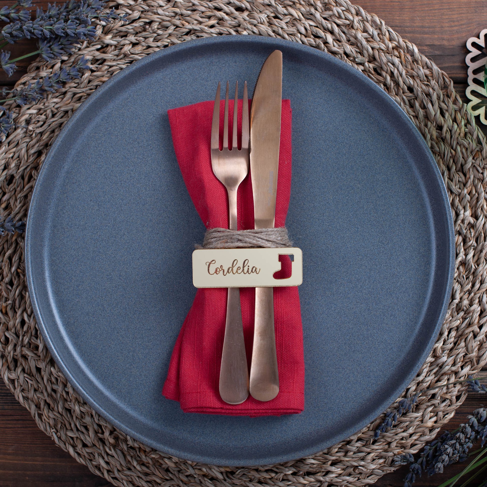 Luxury mirrored acrylic place setting with stocking sock cutout in gold acrylic