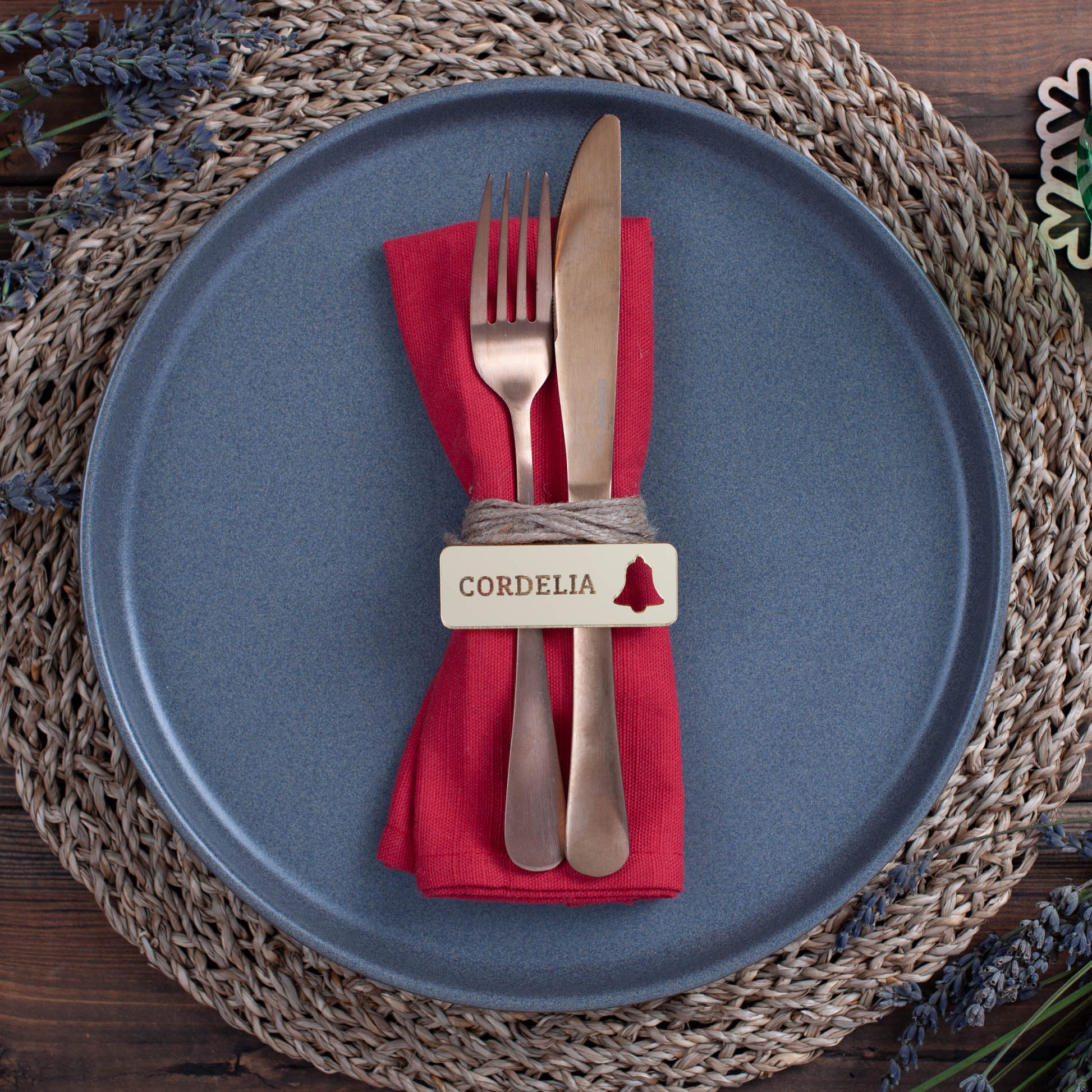 Luxury mirrored acrylic place setting with bell cutout in gold acrylic