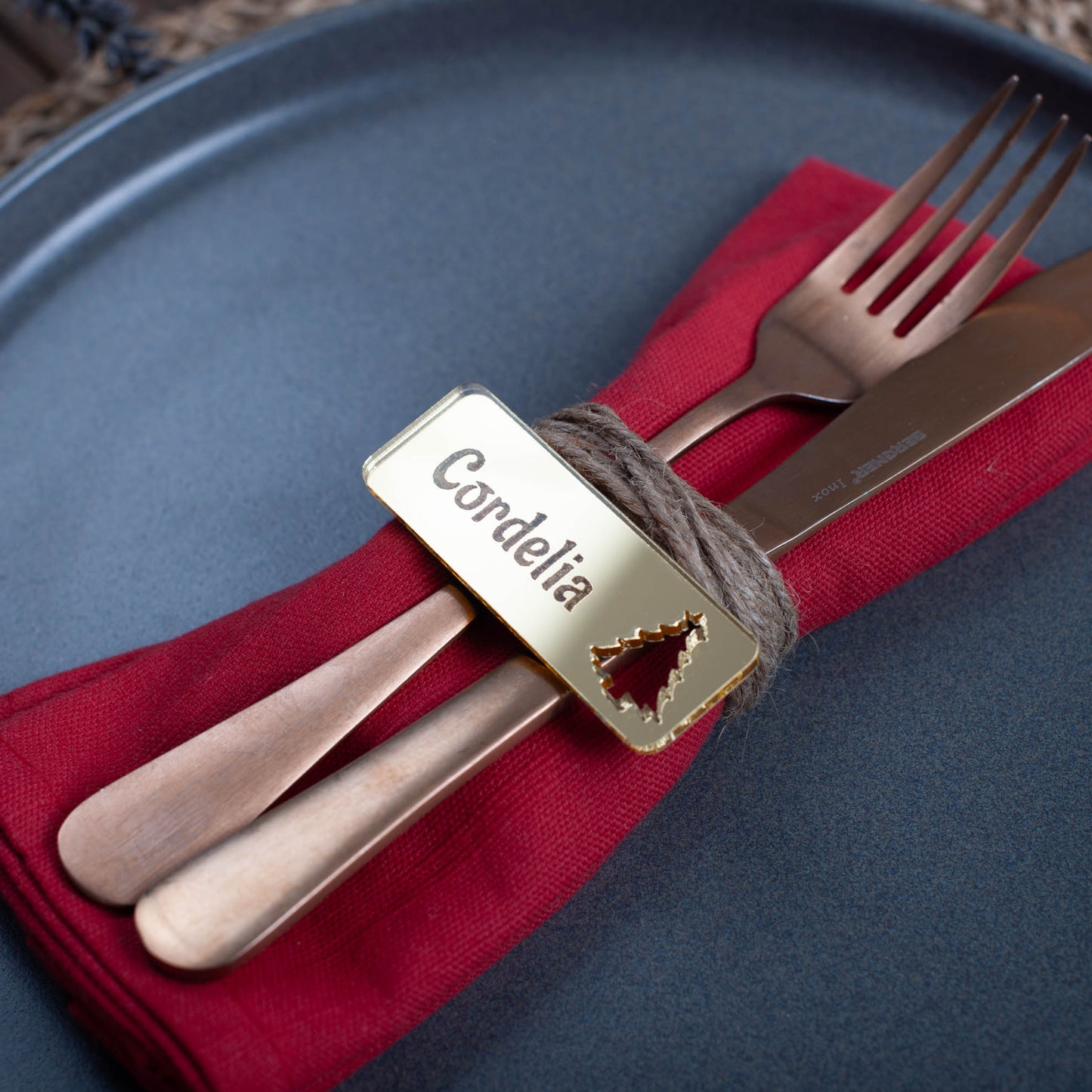 Custom laser cut Christmas place setting with christmas tree cutout in gold acrylic