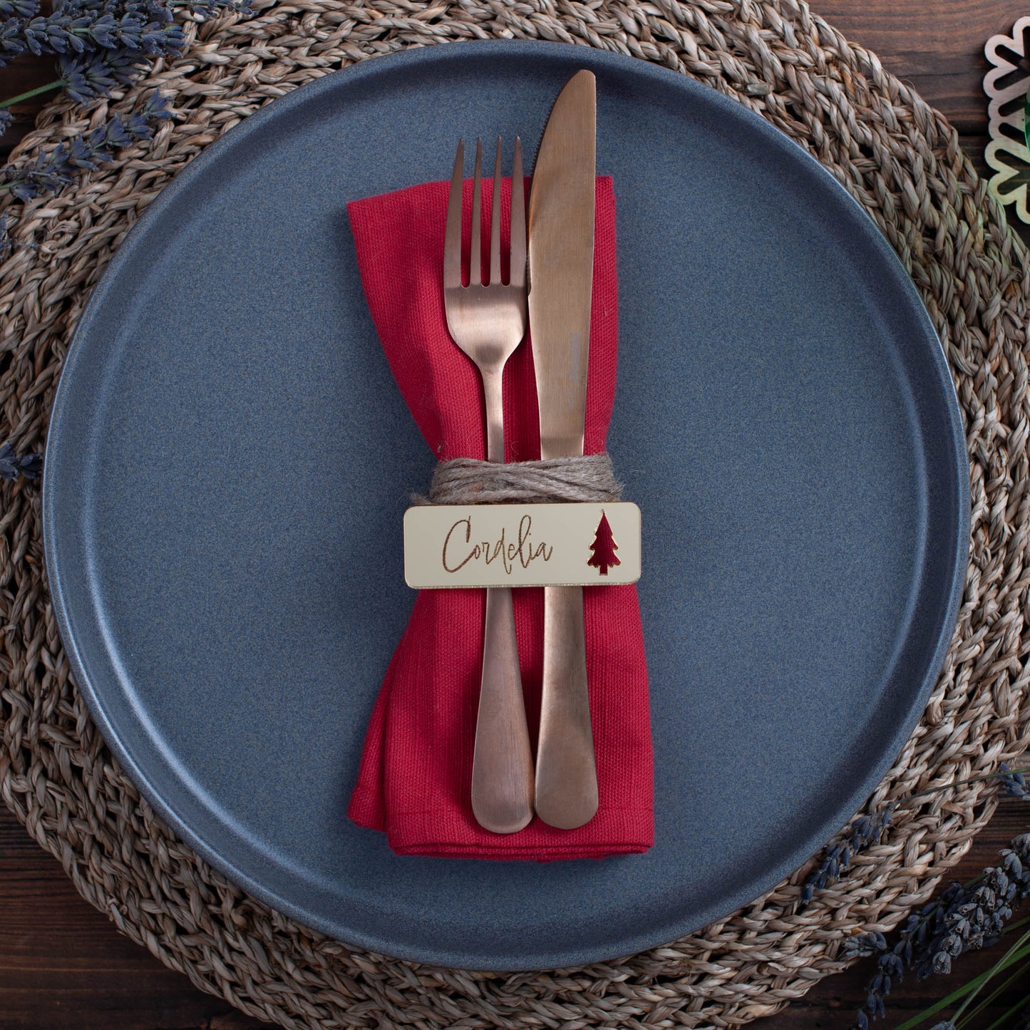 Luxury mirrored acrylic place setting with tree cutout in gold acrylic