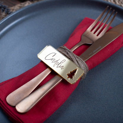 Custom laser cut Christmas place setting with intricate christmas tree cutout in gold acrylic