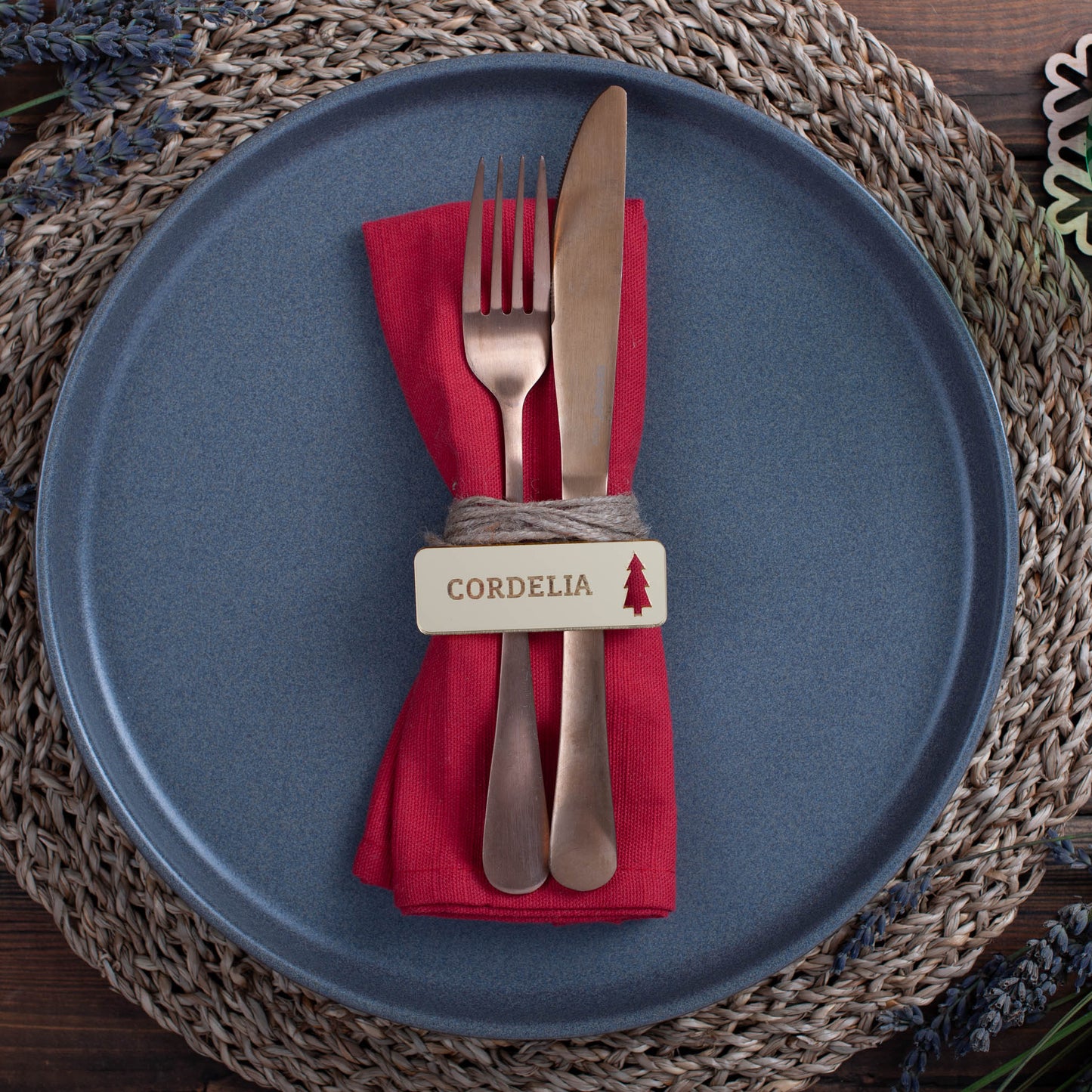 Personalised rectangle Christmas place setting with christmas tree cutout in gold mirror finish