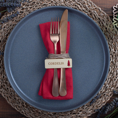Personalised rectangle Christmas place setting with christmas tree cutout in gold mirror finish