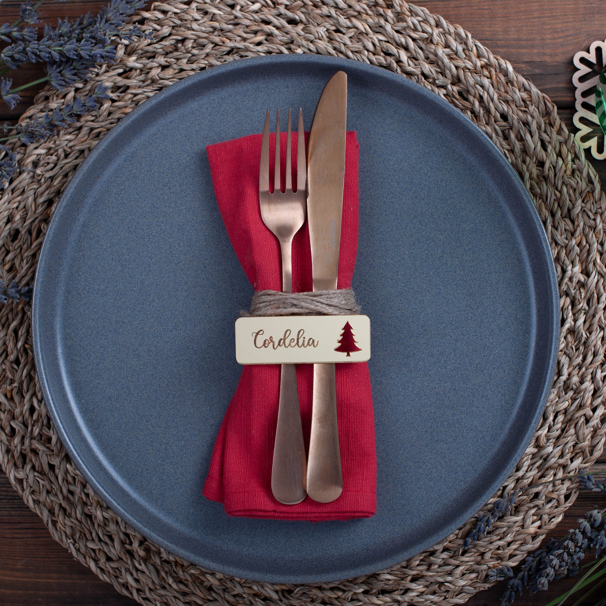 Personalised rectangle Christmas place setting with xmas tree cutout in gold mirror finish
